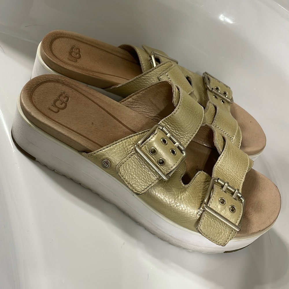 UGG Gently used Gold /white platform slides
